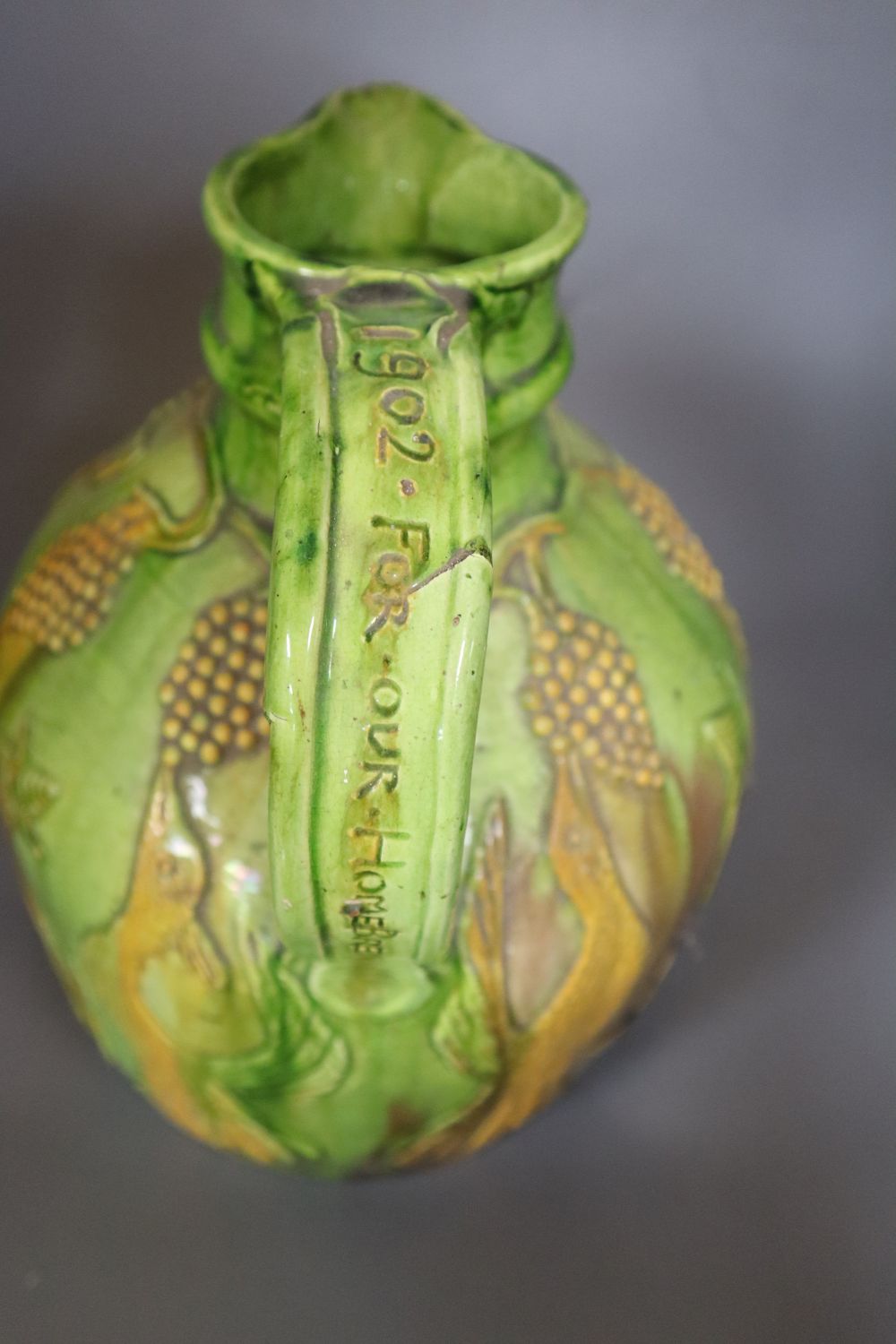 A large Castle Hedingham pottery inscribed beer jug, incised mark modelled by E. Bingham 1829 to 1901 October 1901, height 36cm